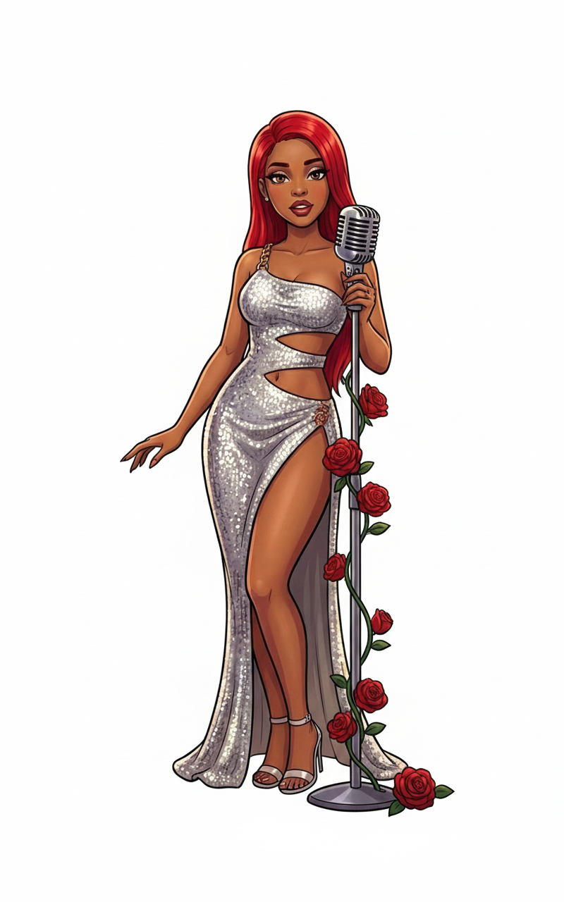 Illustrated cartoon of AlxZandria at a vintage mic with roses
